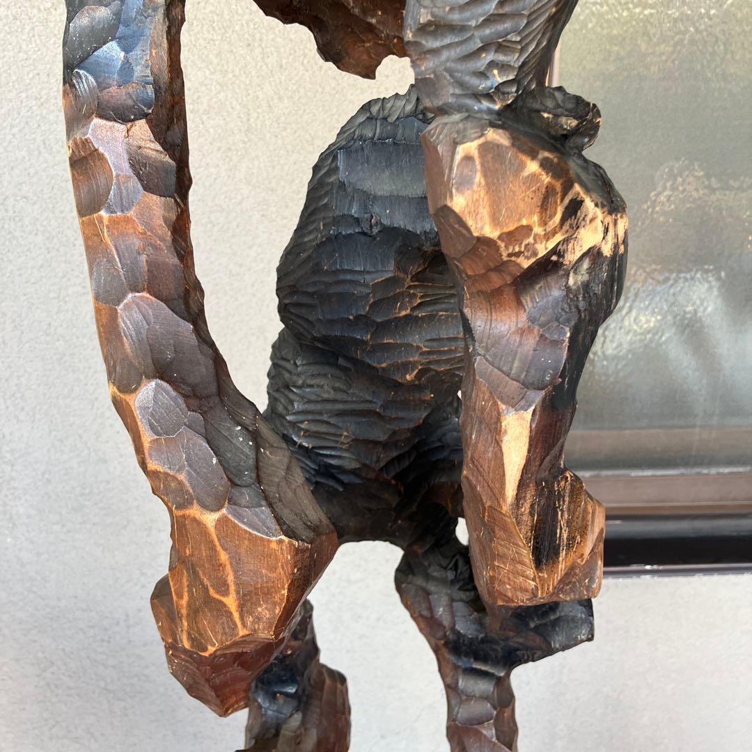 昭和レトロ 秀樹作 木製 木彫り 一刀彫 彫刻 クマ 熊 木登り熊 親子 縁起物