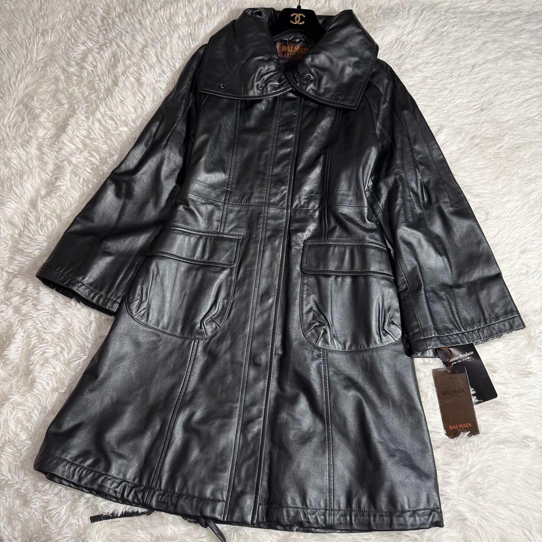 未使用 タグ付き BALMAIN レザーコート ラムレザー ロング Aライン