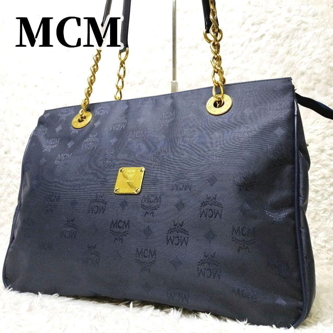 MCM トートバッグ　ヴィセトス柄 ゴールドチェーン　ロゴ金具　レザー 総柄