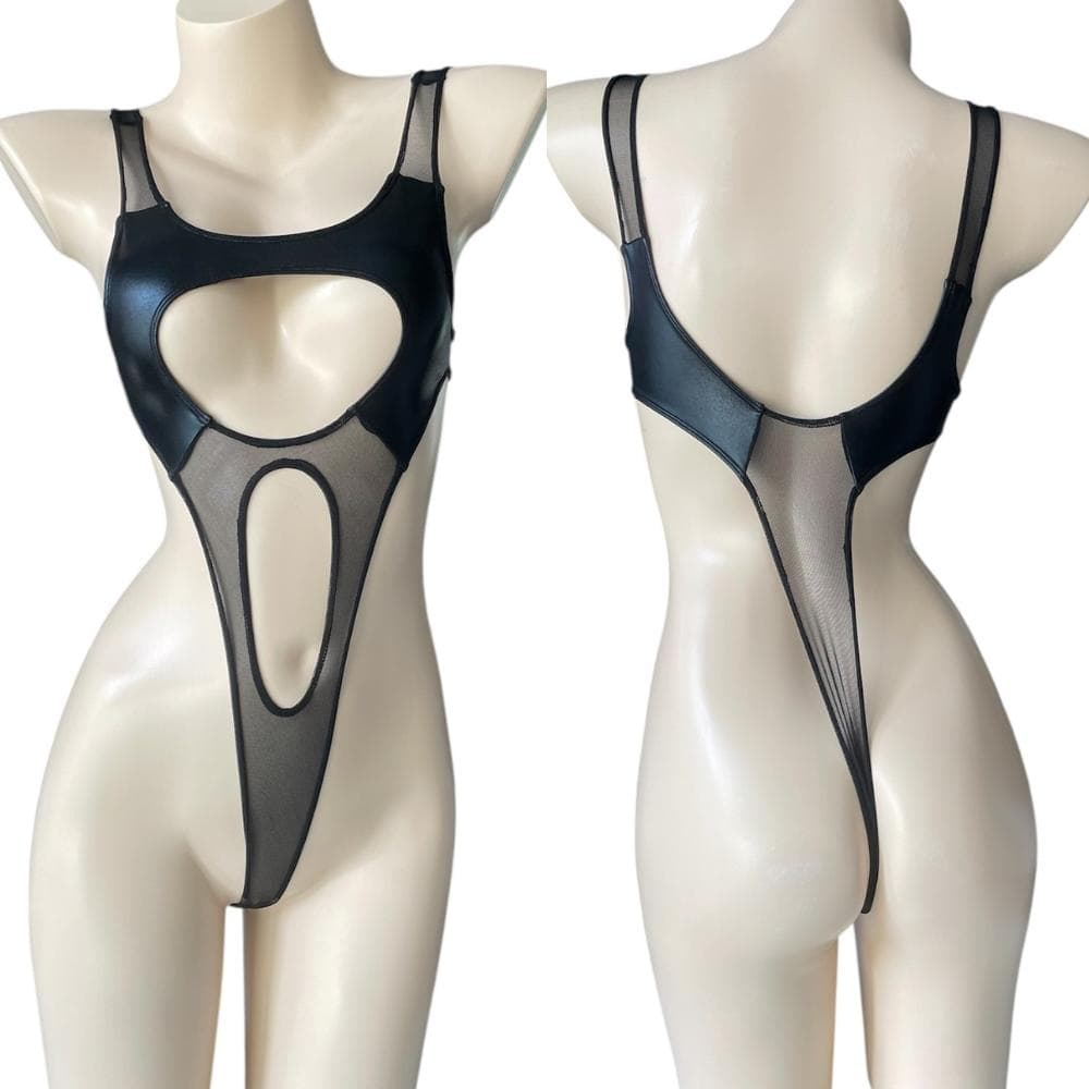 レオタード　ハイレグ　穴あき　光沢ブラック×シアーブラック