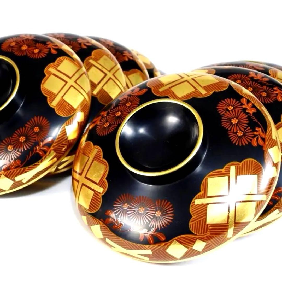 南部漆器 老舗光原社 秀衡塗 木製 金箔色漆　菱に梅文様　蓋碗十客　茶道具
