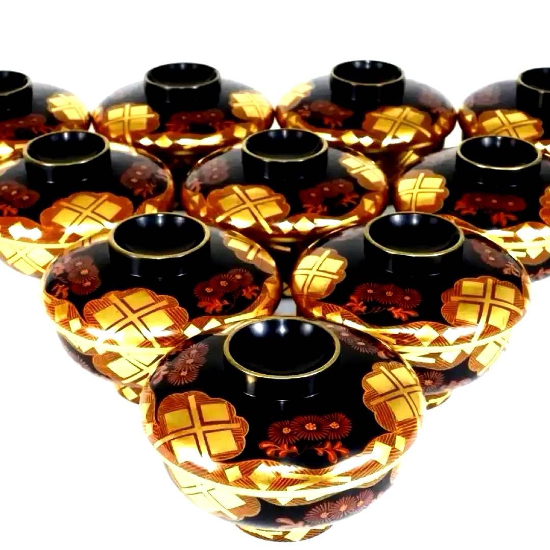 南部漆器 老舗光原社 秀衡塗 木製 金箔色漆　菱に梅文様　蓋碗十客　茶道具