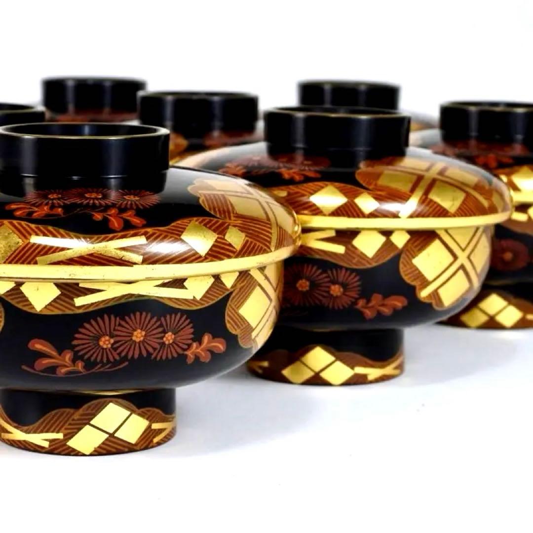 南部漆器 老舗光原社 秀衡塗 木製 金箔色漆　菱に梅文様　蓋碗十客　茶道具