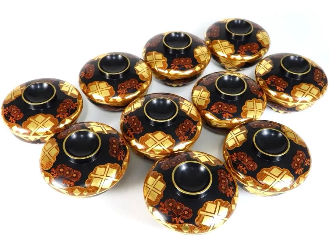 南部漆器 老舗光原社 秀衡塗 木製 金箔色漆　菱に梅文様　蓋碗十客　茶道具