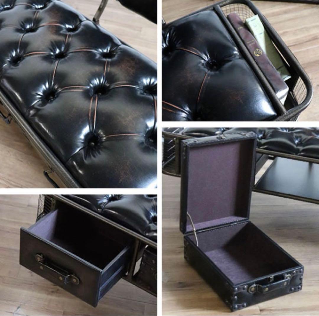 トム　2人掛けベンチソファ 収納付き PVC レザー調 ヴィンテージ調