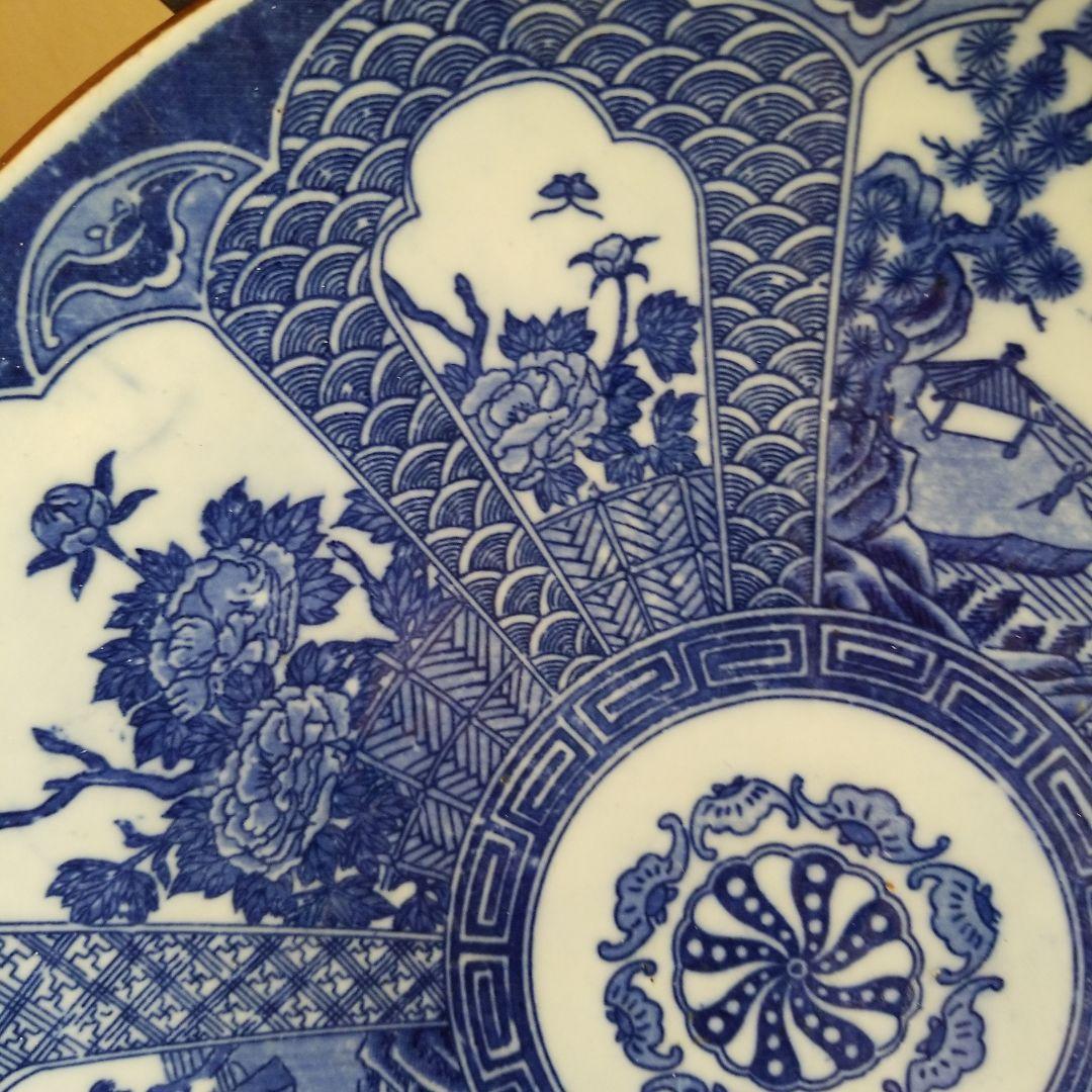 絵皿　牡丹　庭風景　骨董品　年代物　変型　29cm