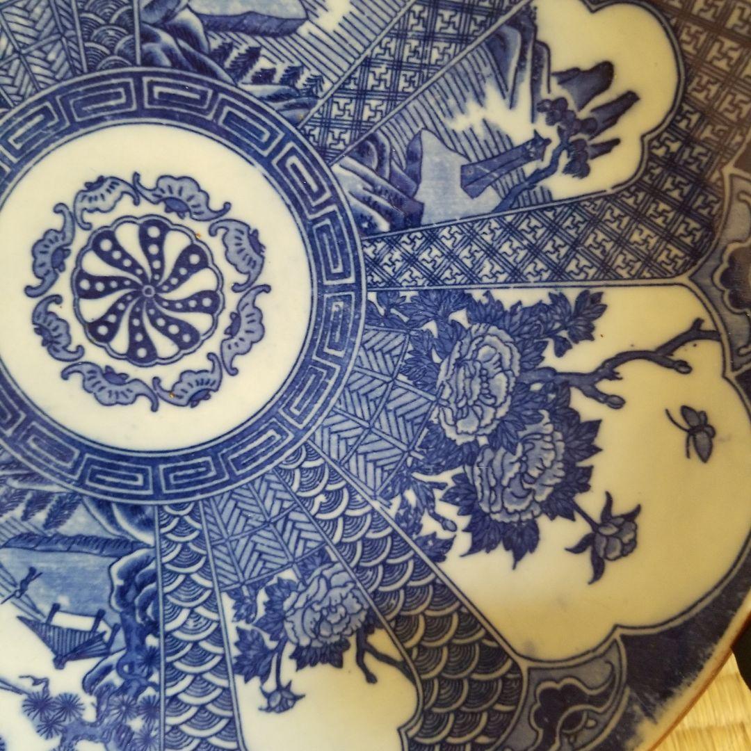 絵皿　牡丹　庭風景　骨董品　年代物　変型　29cm