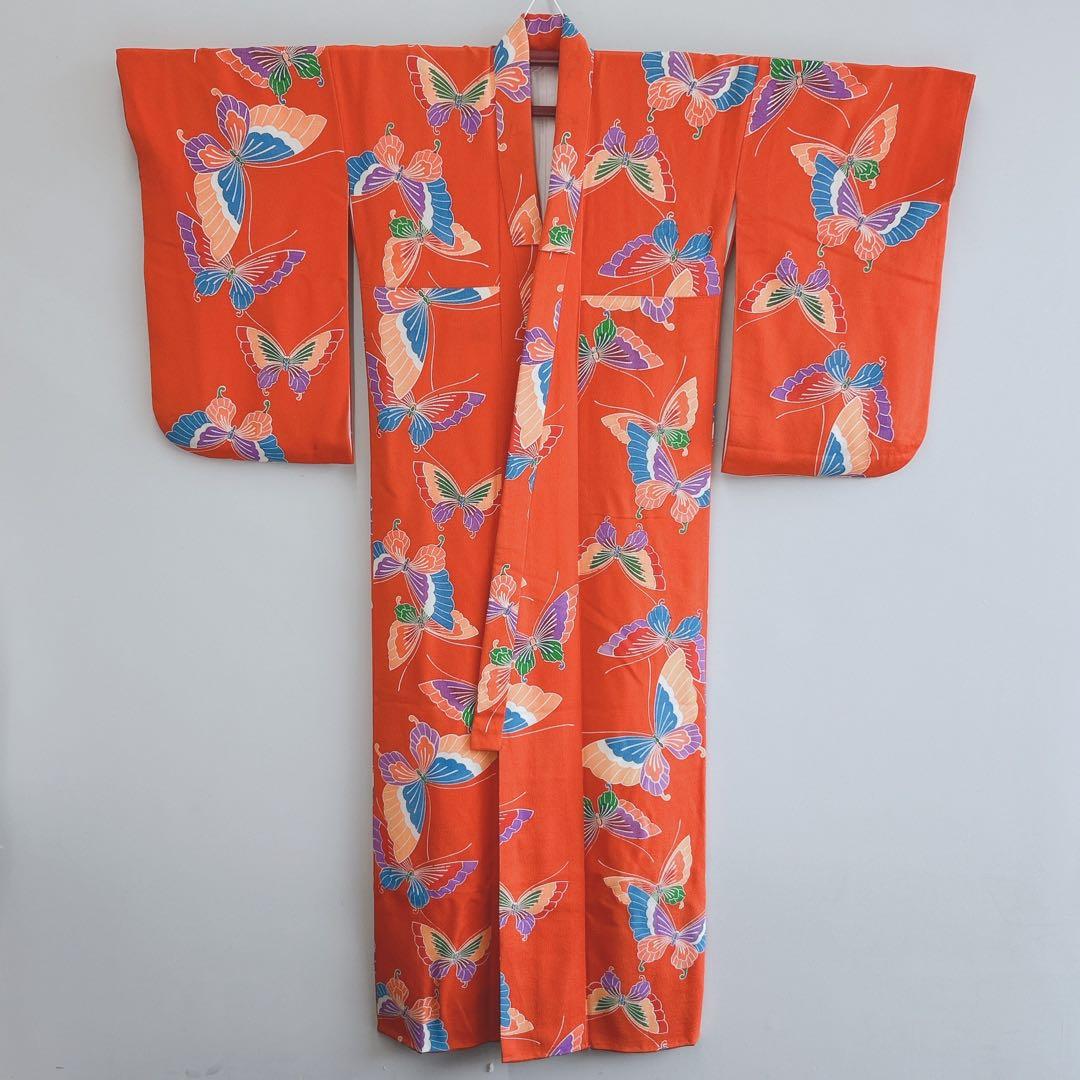 セット七五三7歳女の子長着＆簡単半衿＆袋帯＆草履＆バッグ＆小物オレンジ地蝶ちりめ