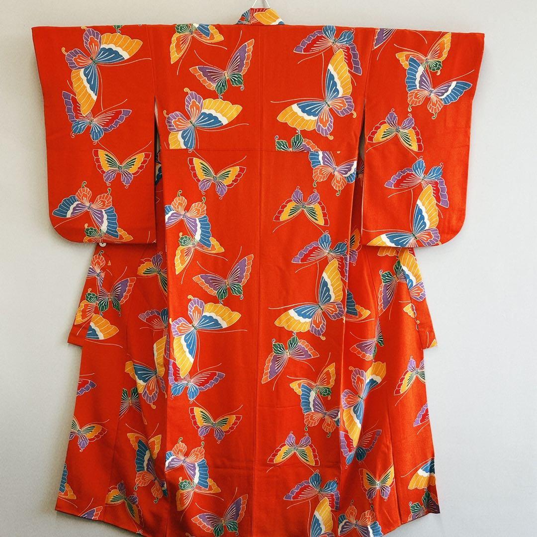セット七五三7歳女の子長着＆簡単半衿＆袋帯＆草履＆バッグ＆小物オレンジ地蝶ちりめ
