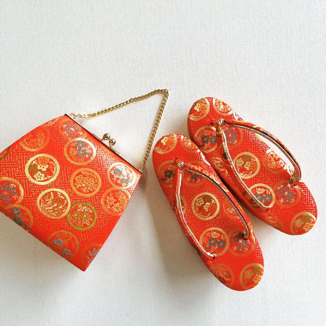 セット七五三7歳女の子長着＆簡単半衿＆袋帯＆草履＆バッグ＆小物オレンジ地蝶ちりめ