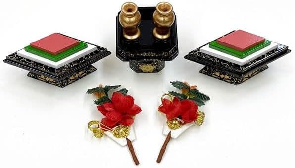 20号 菱三宝 本金 唐草牡丹 2点セット 木製品 雛道具　小道具　海外土産