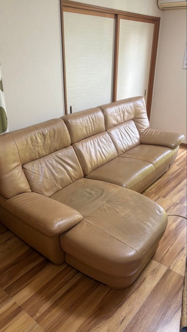 カリモク家具レザー コーナーソファ　右肘シェーズロング