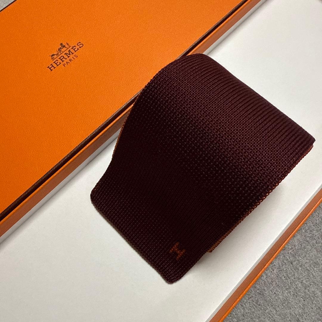 箱付美品　エルメス　ネクタイ　ニットタイ　4way 無地　H柄 オレンジ
