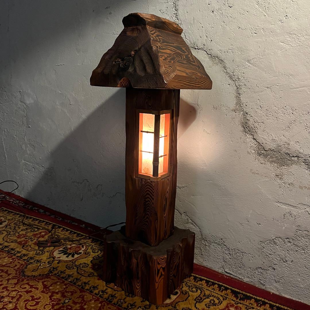 【激レア】杉材・和風行灯照明 天然木×竹細工×障子紙 灯籠 点灯確認済み