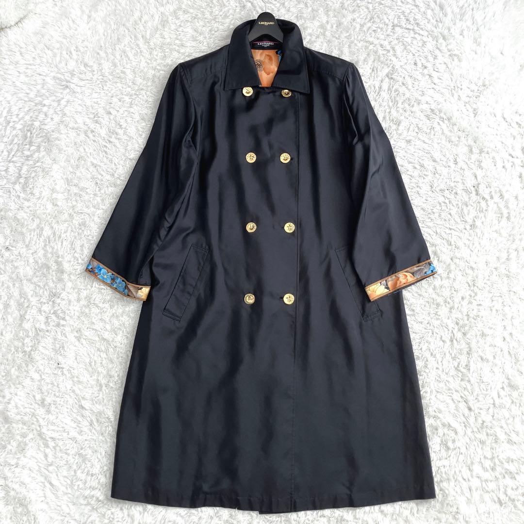 美品✨シルク100% レオナール スプリングコート 金ボタン ダブル トリム 花