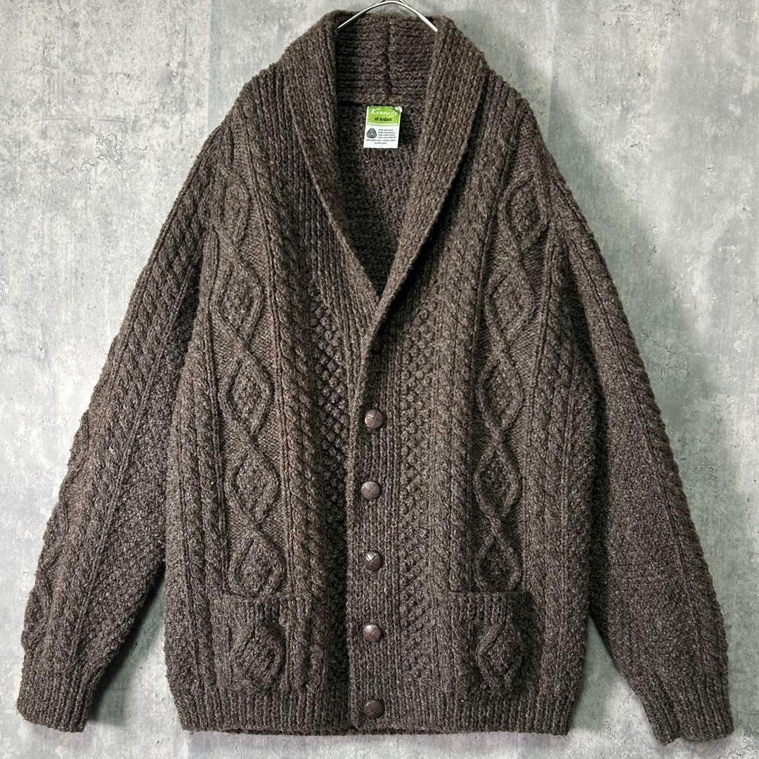 極上 アイルランド製 ハンドニット カーディガン アラン ケーブル 茶色