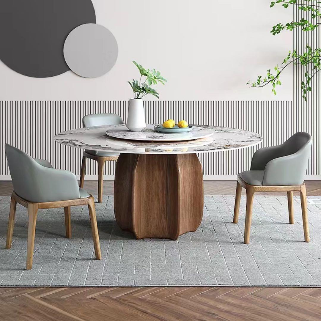 円形ダイニングテーブルセット 大理石調 センタープレート付き 彫刻ウッドベース