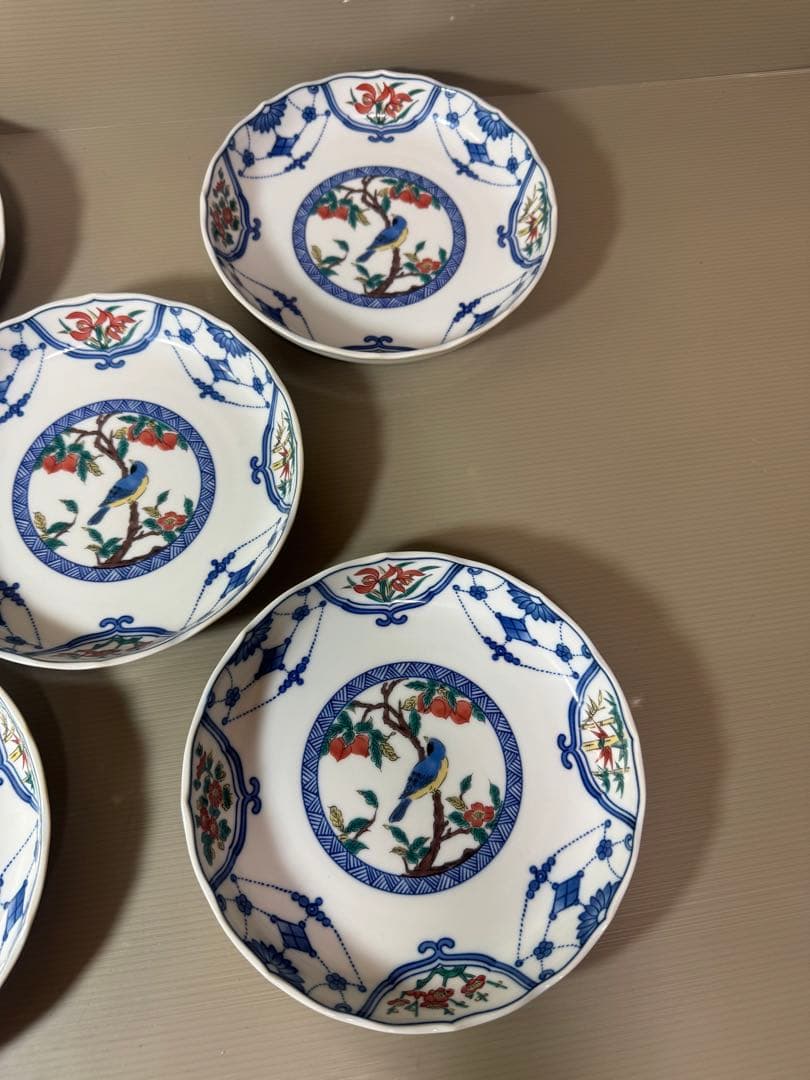 2814 九谷焼　花鳥文　中皿　5客　19cm 未使用