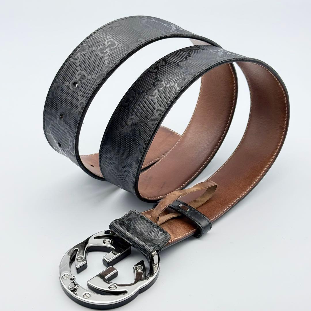 ✨良品✨グッチ ベルトPVC×レザー インターロッキングG GG柄 シルバー金具