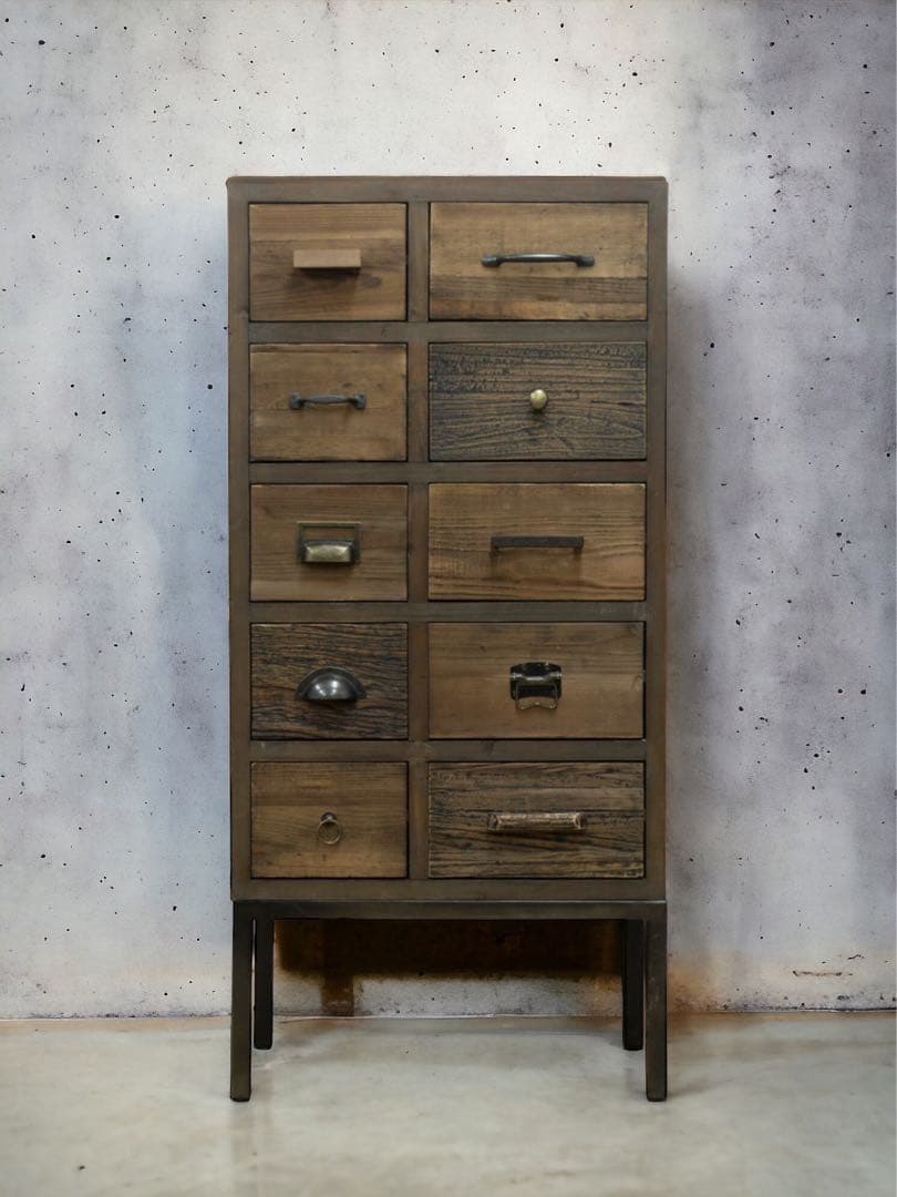 【ブルックリン家具】古材×ブラックスチール脚 10杯チェスト55×115cm