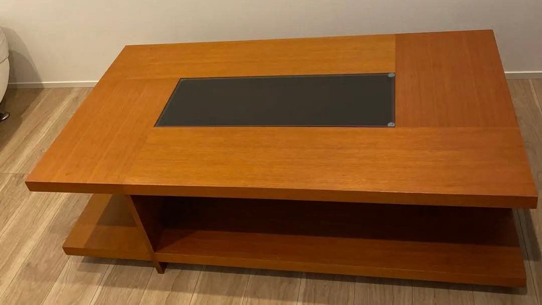 ブラウン木製ガラス天板ローテーブル