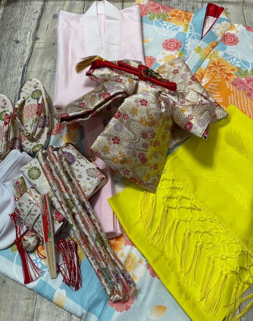 四つ身着物　１５点セット　七五三　女の子　着物セット　１１５-１２５　水色　花柄