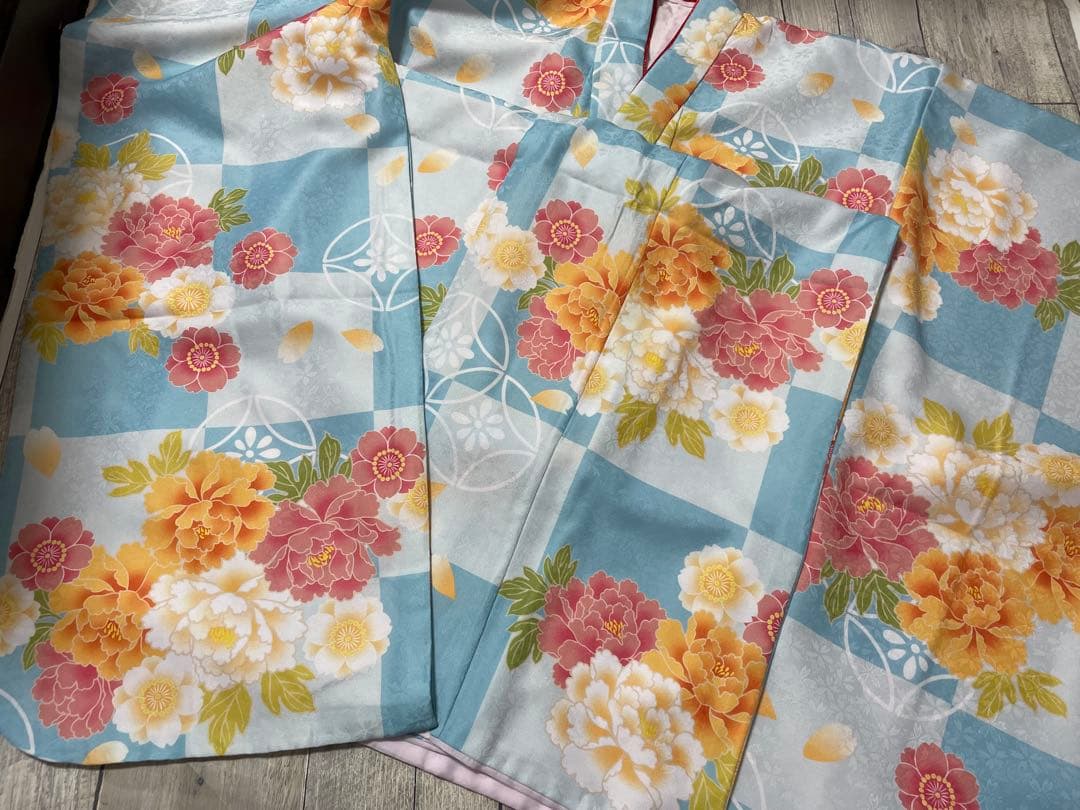 四つ身着物　１５点セット　七五三　女の子　着物セット　１１５-１２５　水色　花柄