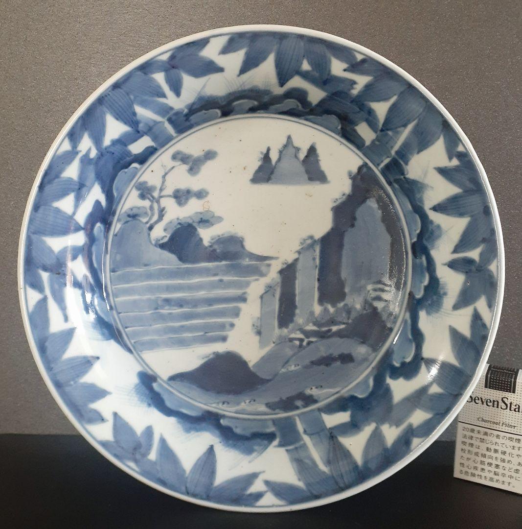 【名品】江戸時代中期　古伊万里　染付　山水に竹の図　34.1cm　兜鉢