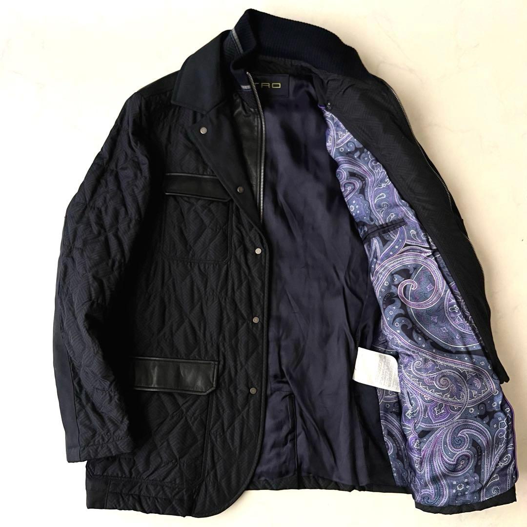 ほぼ未使用 ETRO レザー キルティングジャケット レイヤード M ネイビー