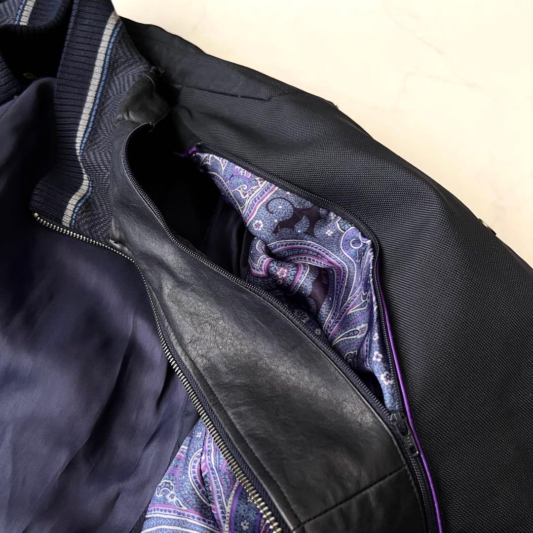 ほぼ未使用 ETRO レザー キルティングジャケット レイヤード M ネイビー