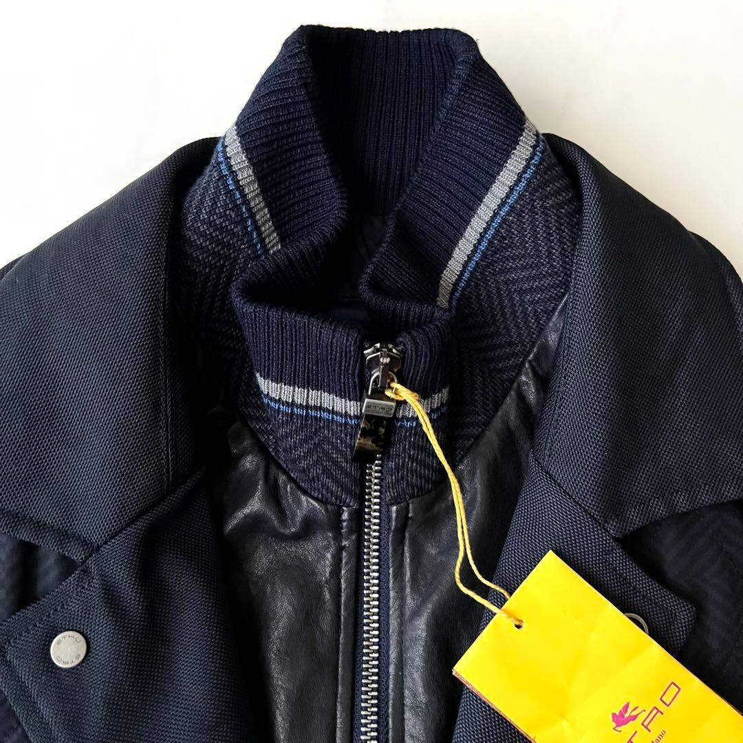 ほぼ未使用 ETRO レザー キルティングジャケット レイヤード M ネイビー