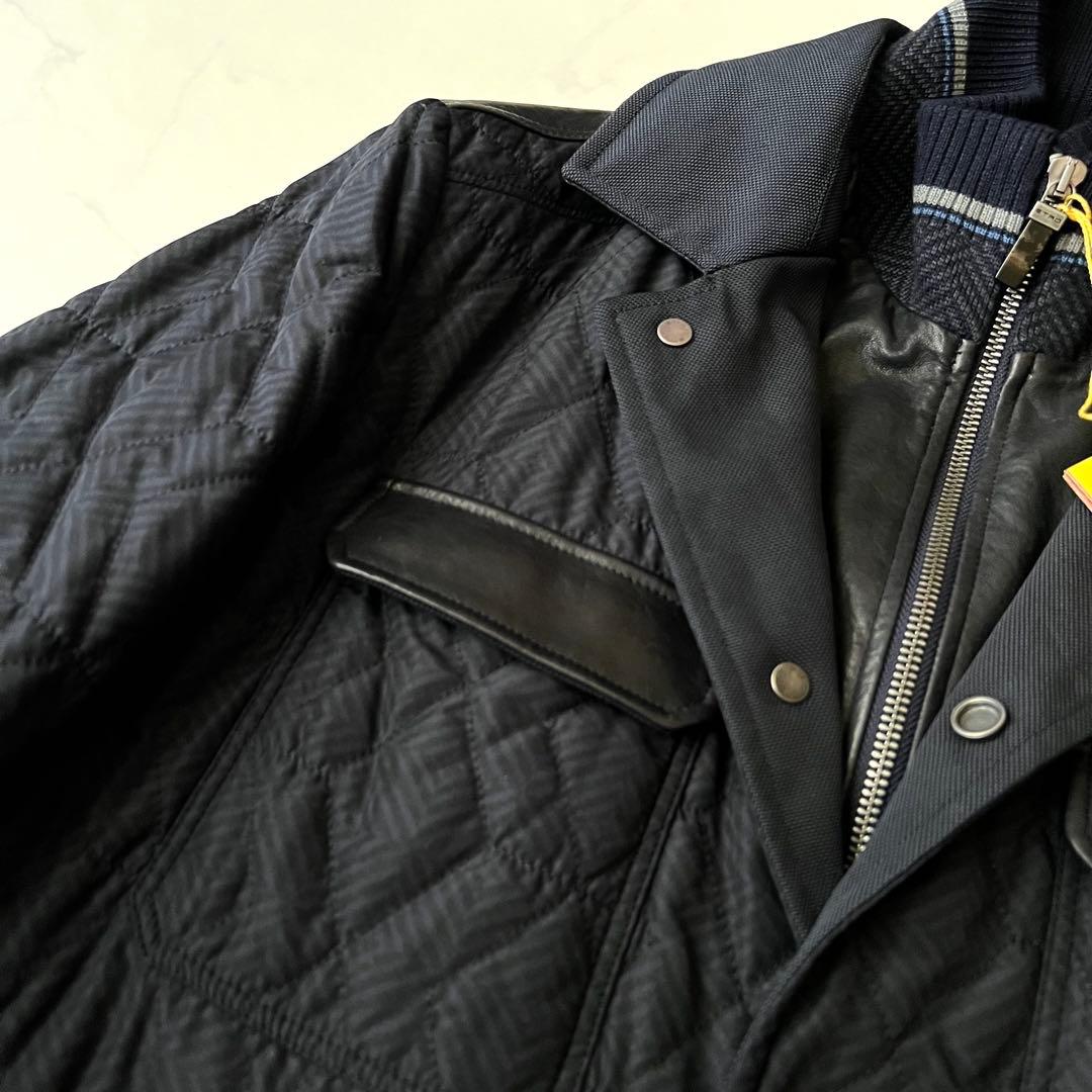 ほぼ未使用 ETRO レザー キルティングジャケット レイヤード M ネイビー