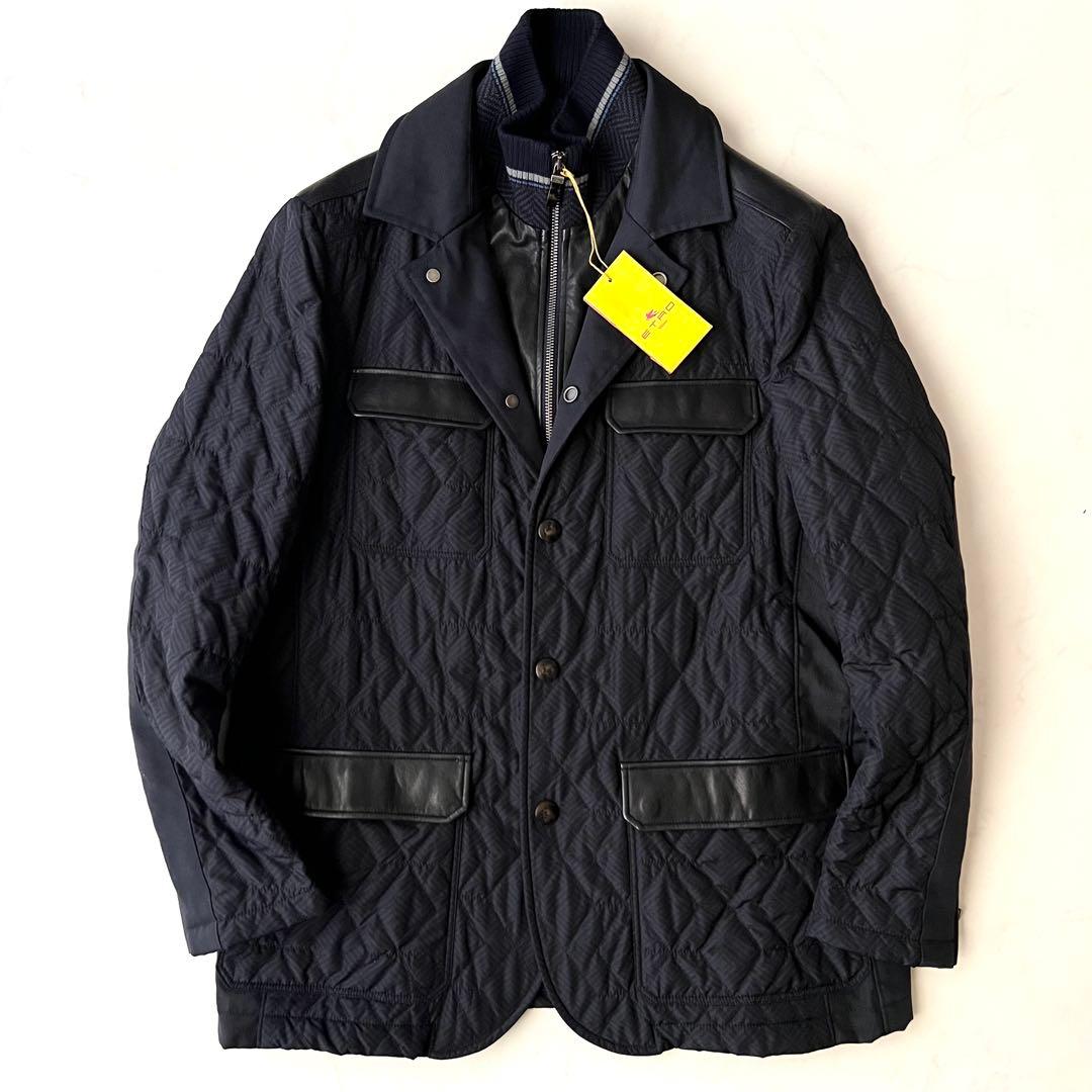 ほぼ未使用 ETRO レザー キルティングジャケット レイヤード M ネイビー