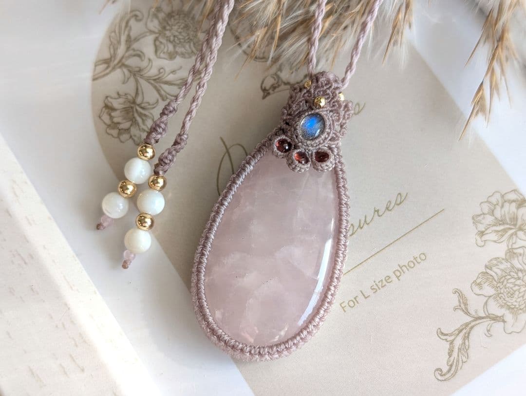 マクラメネックレス ローズクォーツ ラブラドライト ガーネット