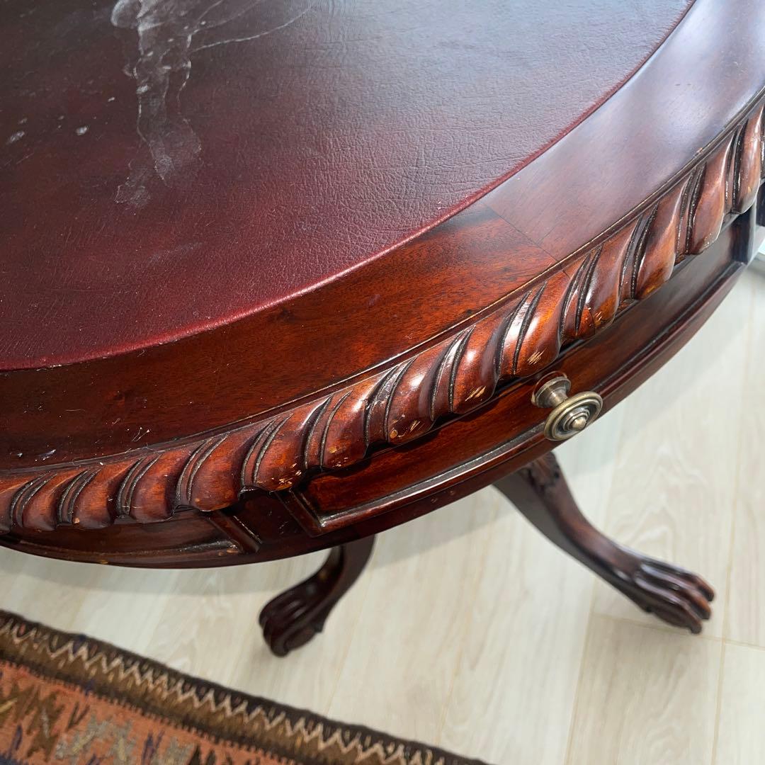 ダークブラウン 円形テーブル 引き出し付き