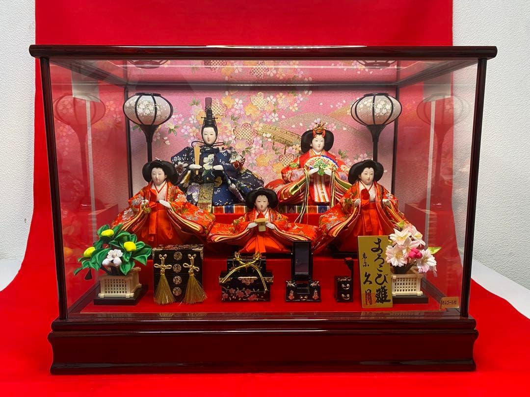 東京久月　雛人形親王五人飾りガラスケース入・間口約５６×奥行約３３×高さ約４２㎝
