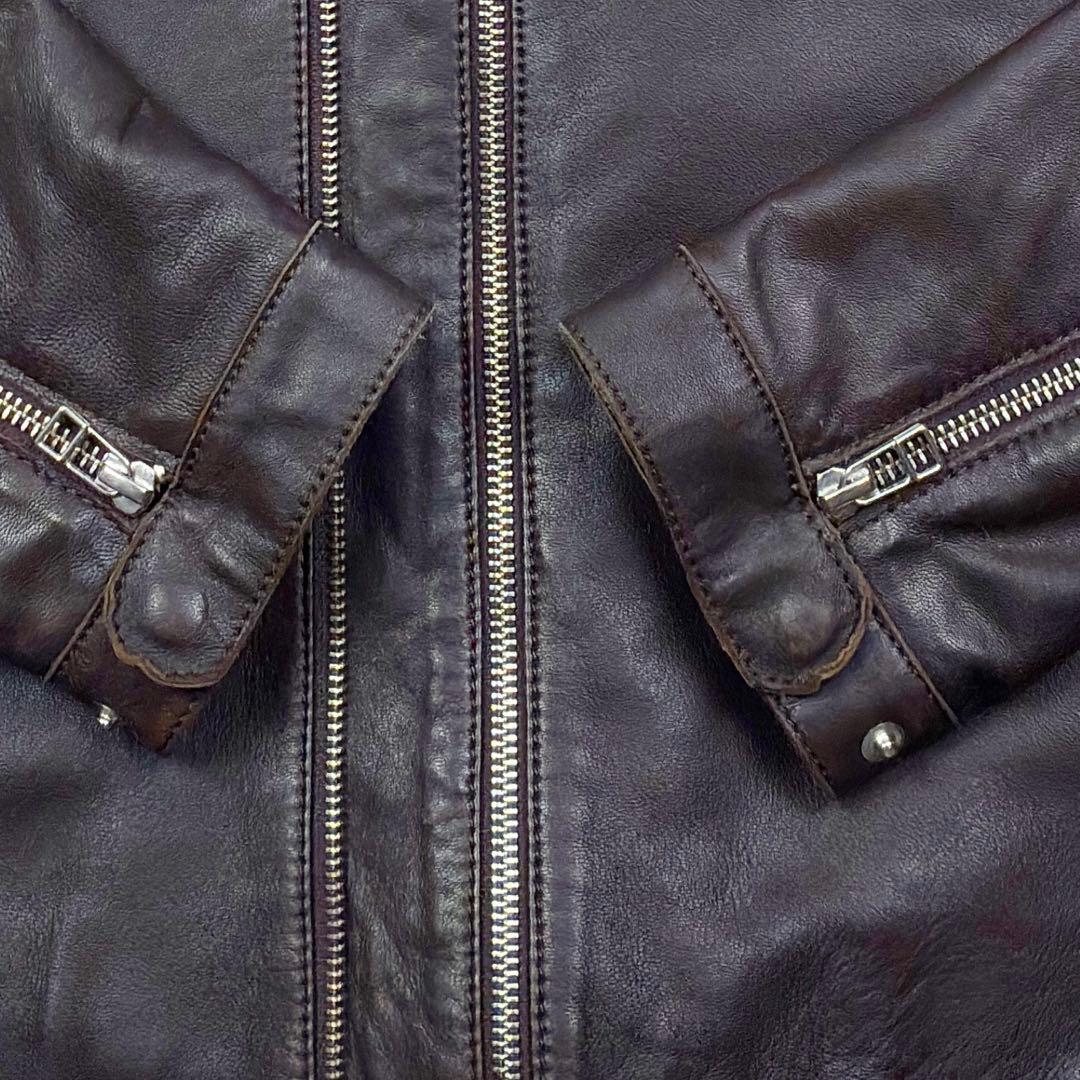 美品　プリティーグリーン　オールレザー　シングルライダース　XL　ブラウン