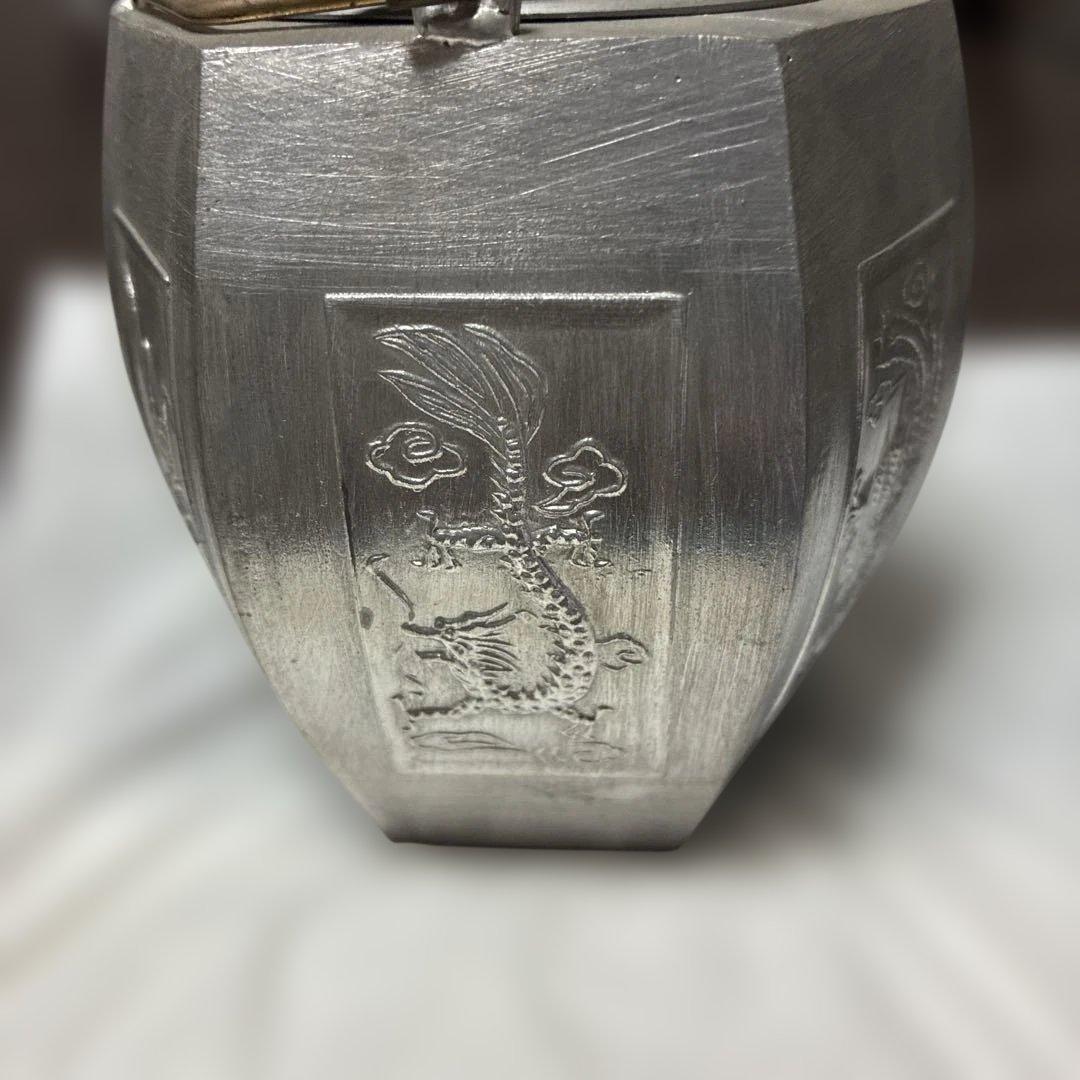 八角形茶釜 龍彫刻 金属製