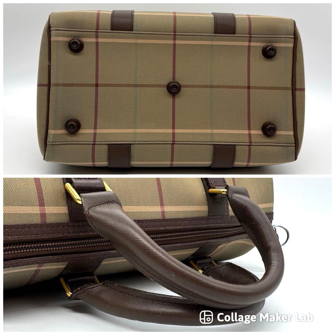 バーバリー ミニボストンバッグ ハンドバッグ トート レザー ファブリック 茶