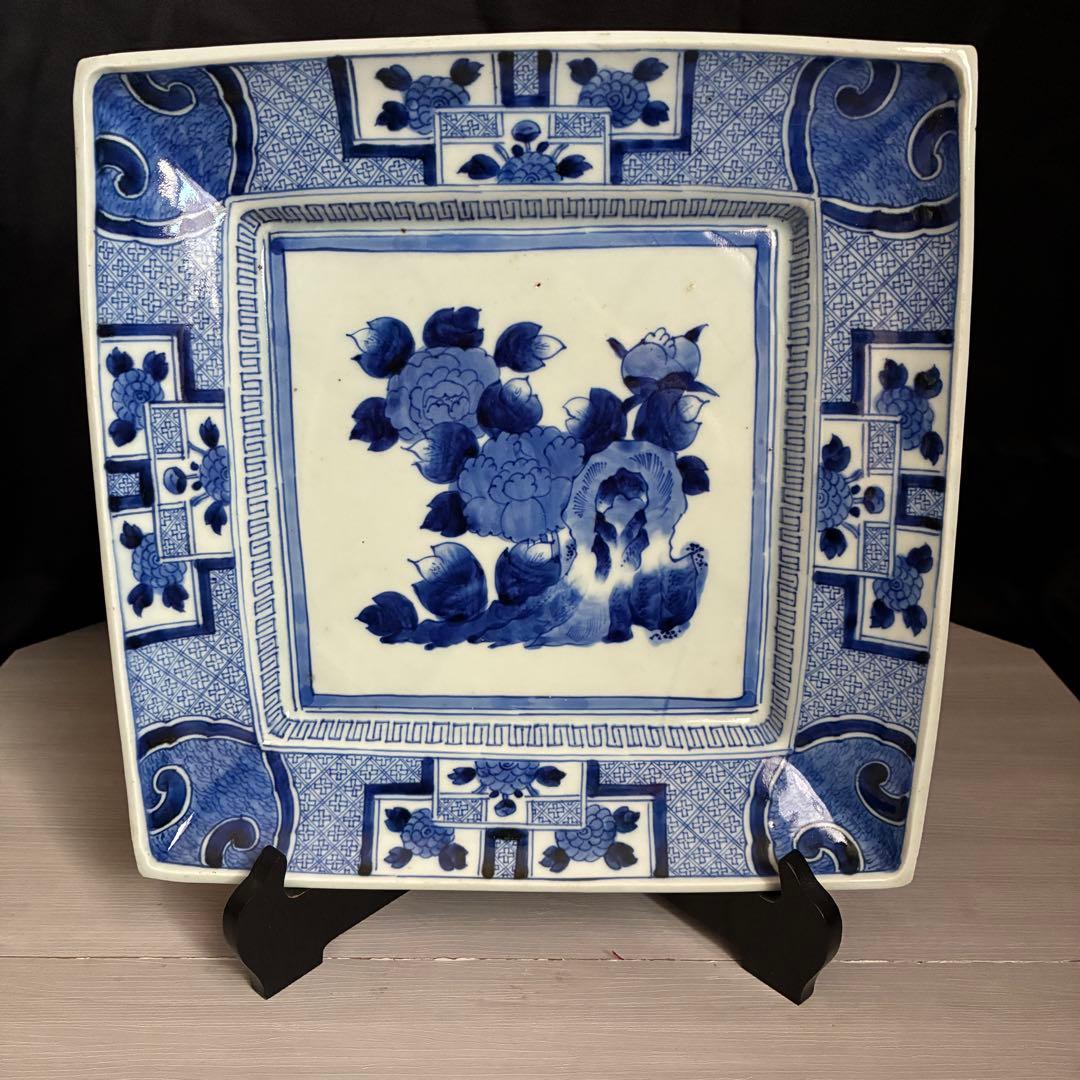 時代物 染付 牡丹文 角大皿 飾り皿 盛皿 骨董