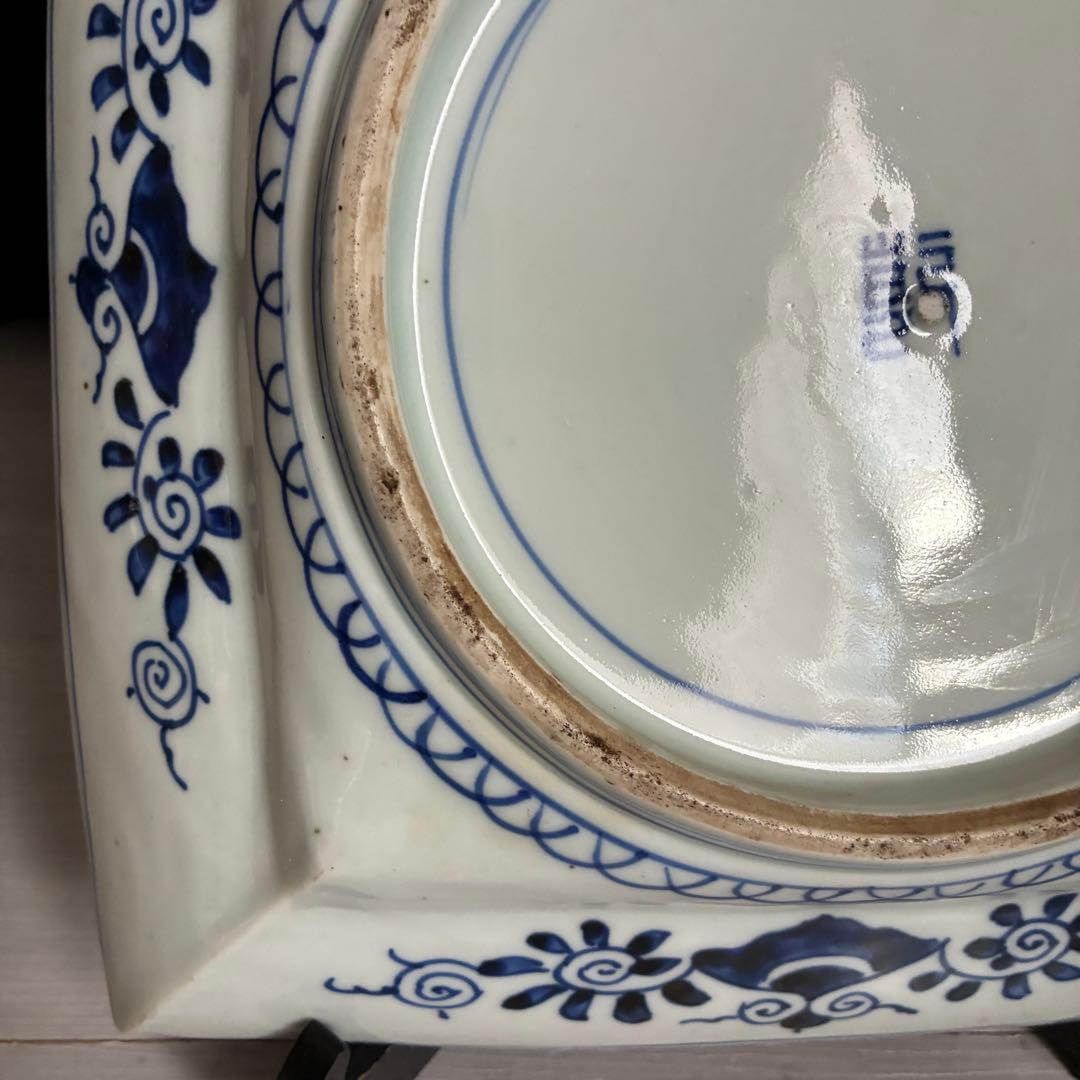 時代物 染付 牡丹文 角大皿 飾り皿 盛皿 骨董