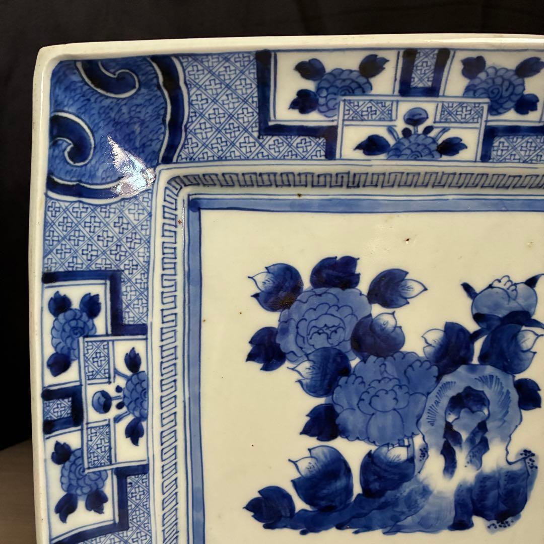 時代物 染付 牡丹文 角大皿 飾り皿 盛皿 骨董