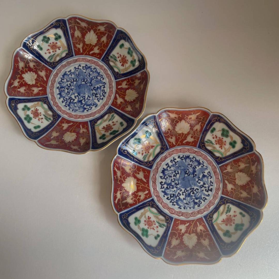 幅24cm 古伊万里 赤絵金彩麒麟図 八寸皿 二客 大聖寺 大皿 中皿 40