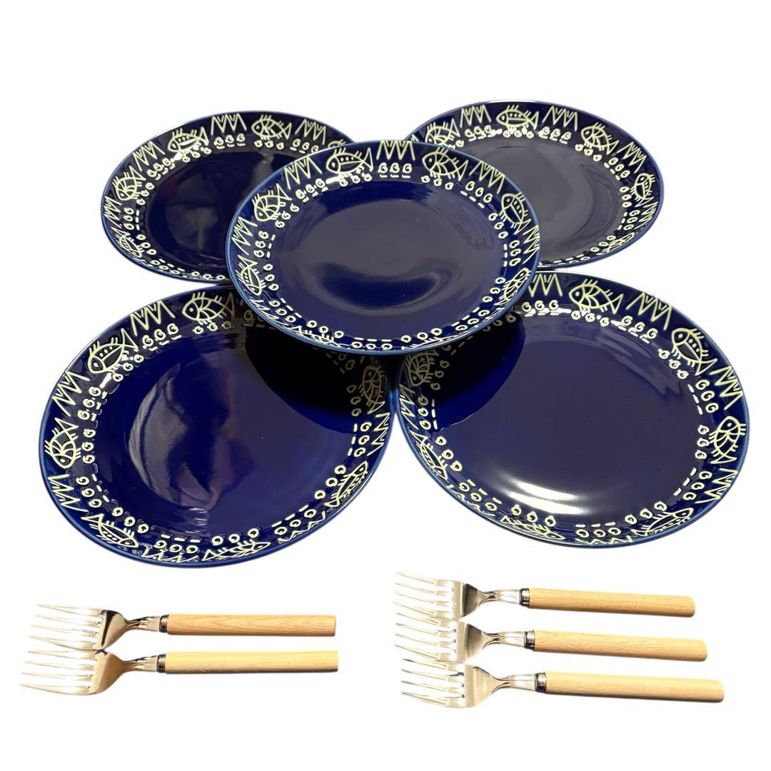 ミッチャム 藤井風 パスタ皿5枚 フォーク5本 アラビアンブルー魚柄