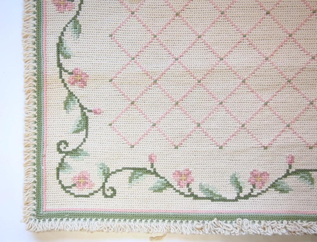 希少★アライオロス絨毯ポルトガル伝統工芸品認証Arraiolos花白ピンクウール