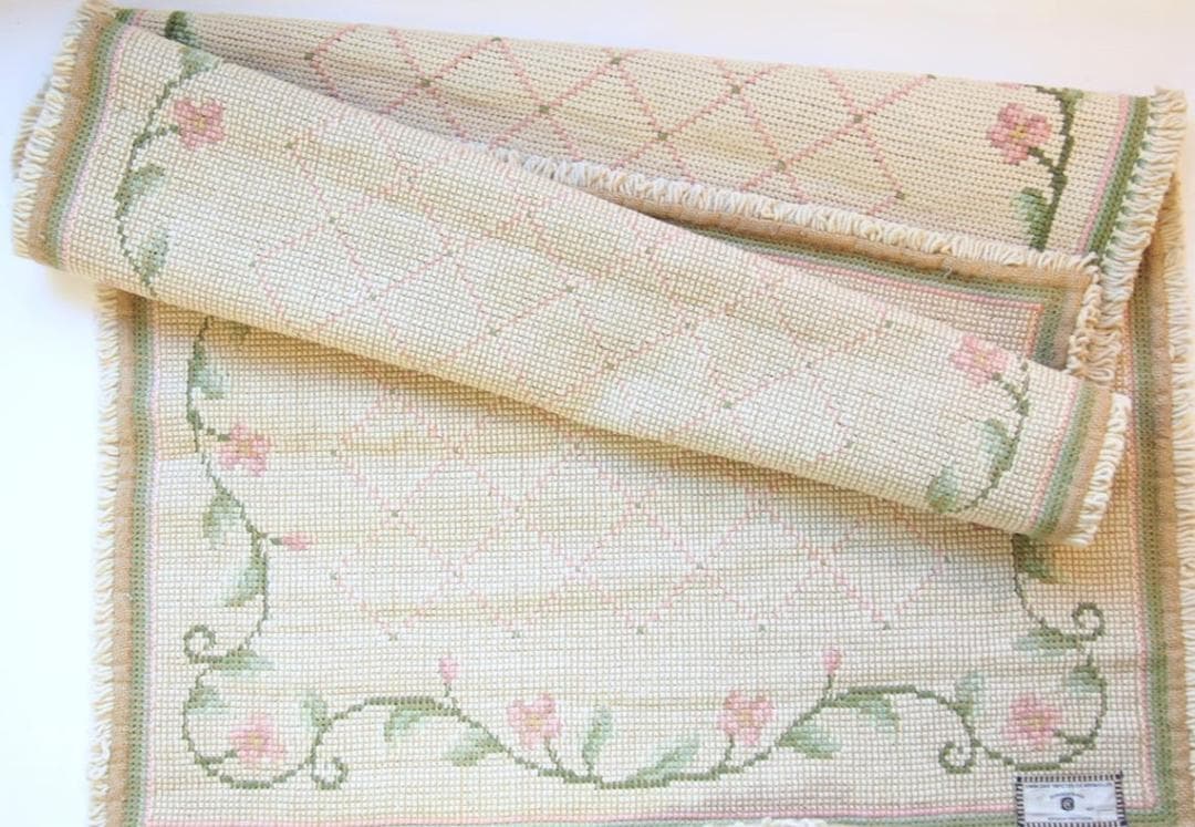 希少★アライオロス絨毯ポルトガル伝統工芸品認証Arraiolos花白ピンクウール