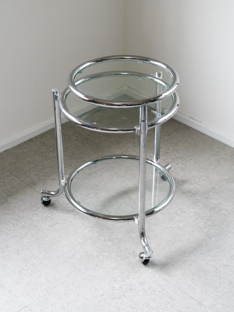 ヴィンテージ　3段 ガラスラウンドテーブル　ワゴン　ミッドセンチュリー　モダン