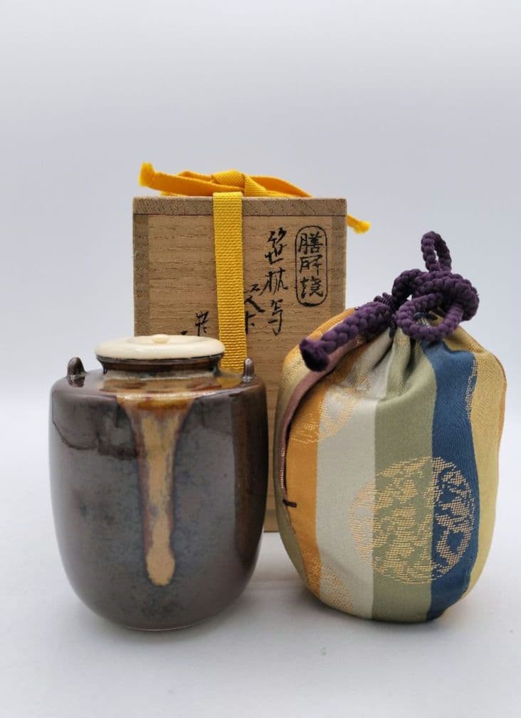 c846 茶入 笹枕写 膳所　淡海陽炎園 尋牛斎箱書 木箱 茶道具 古物