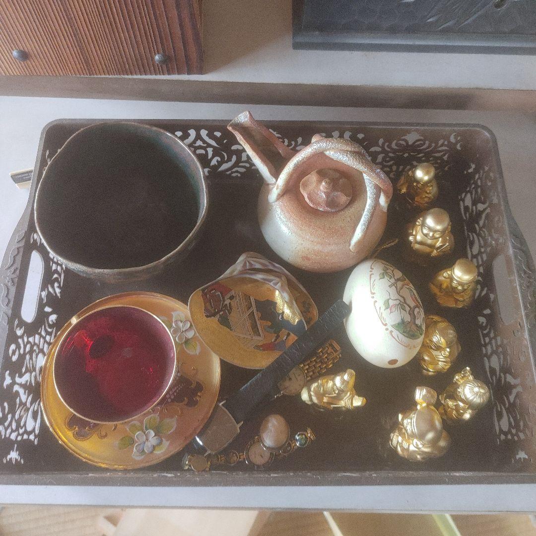 陶器製急須と茶碗・皿・置物セット