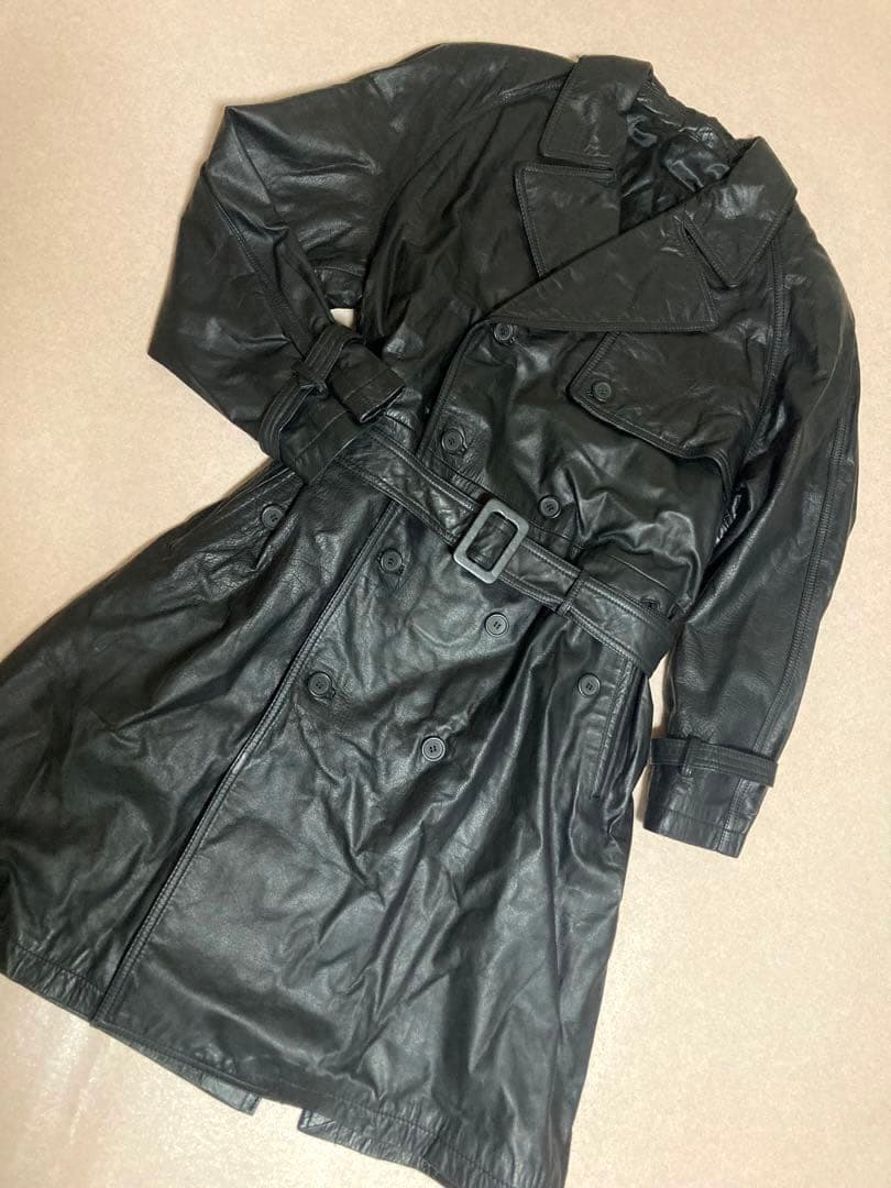 美品 y2k archive カウレザー トレンチコート 牛革 ベルト 光沢 黒